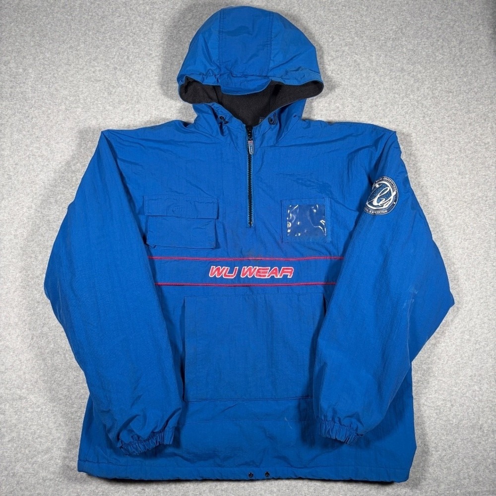 VTG Wu Wear Anorak Jacket Men XL Blue Pullover Hooded 1/4 Zip Fleece Lined 90s